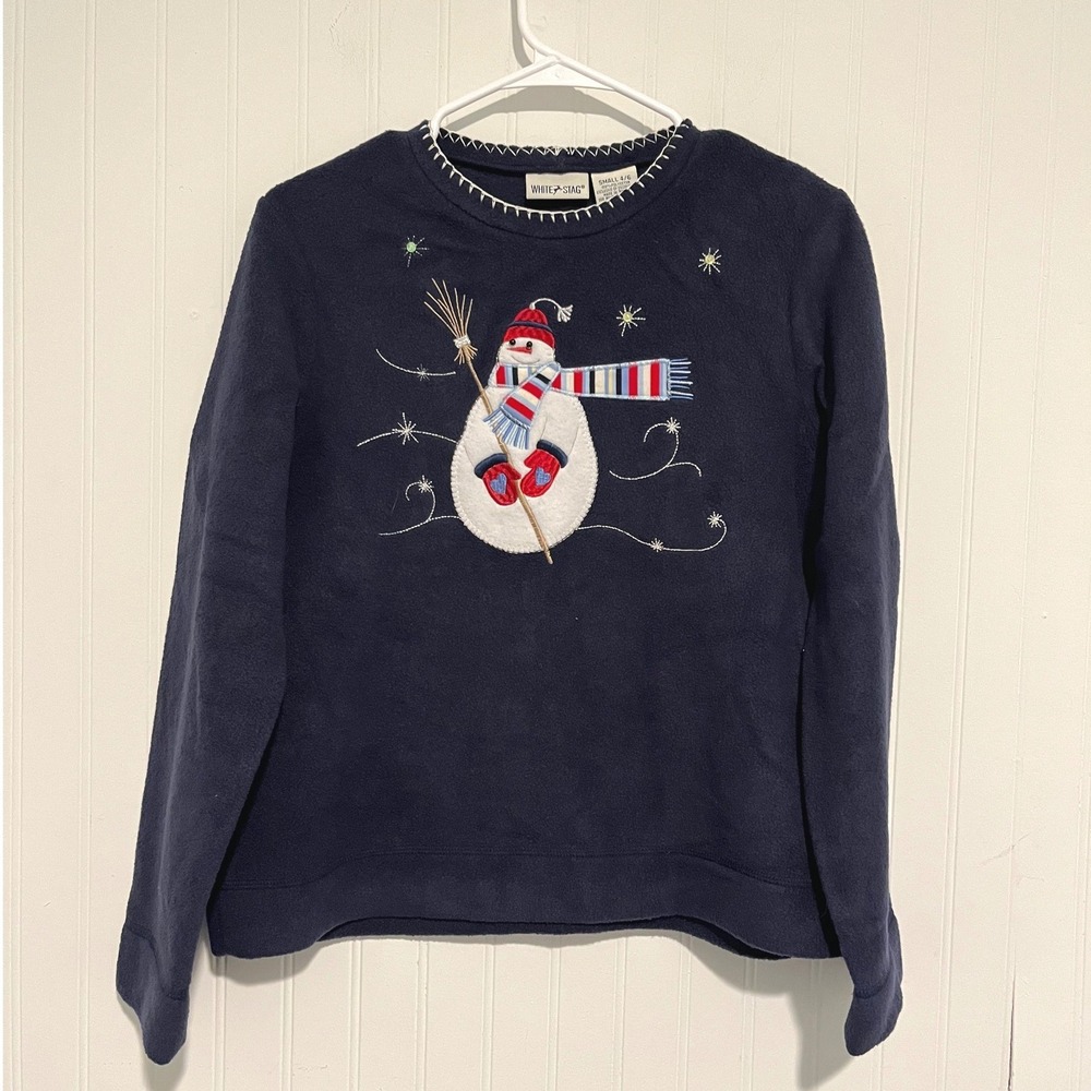White Stag Fleece Sweatshirt Womens Small 4/6 Navy Blue Snowman Winter Holiday